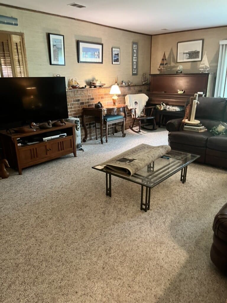 Furnished living room with carpet, a coffee table, television and piano
