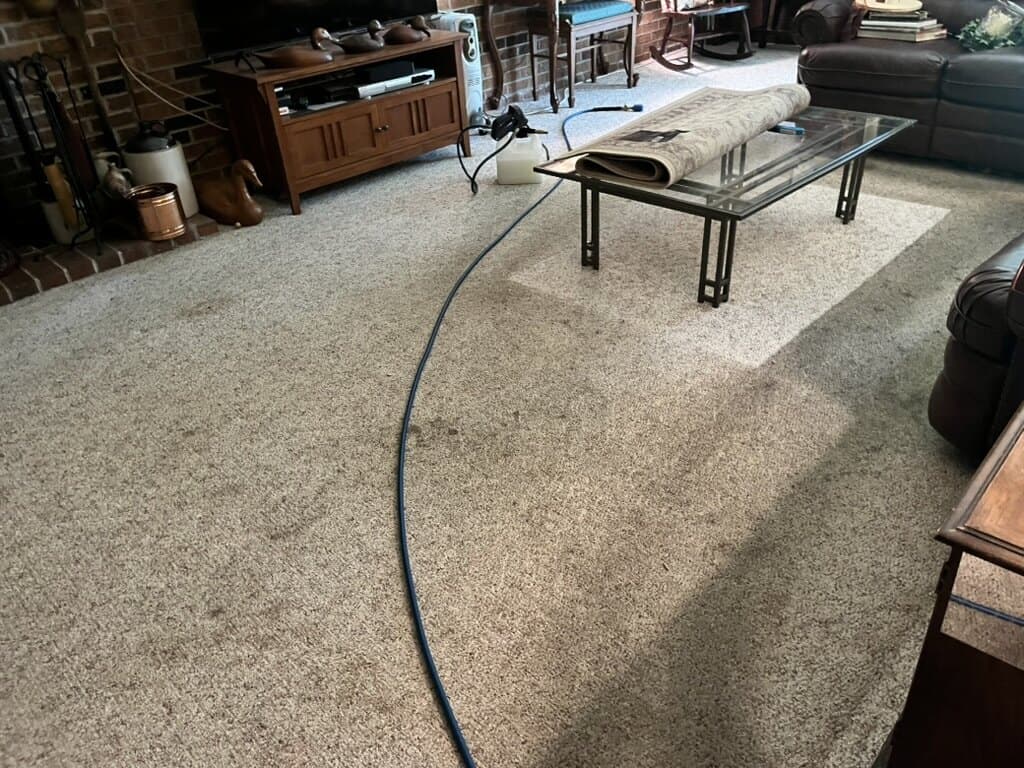 Furnished carpeted living room with coffee table and cleaning hose