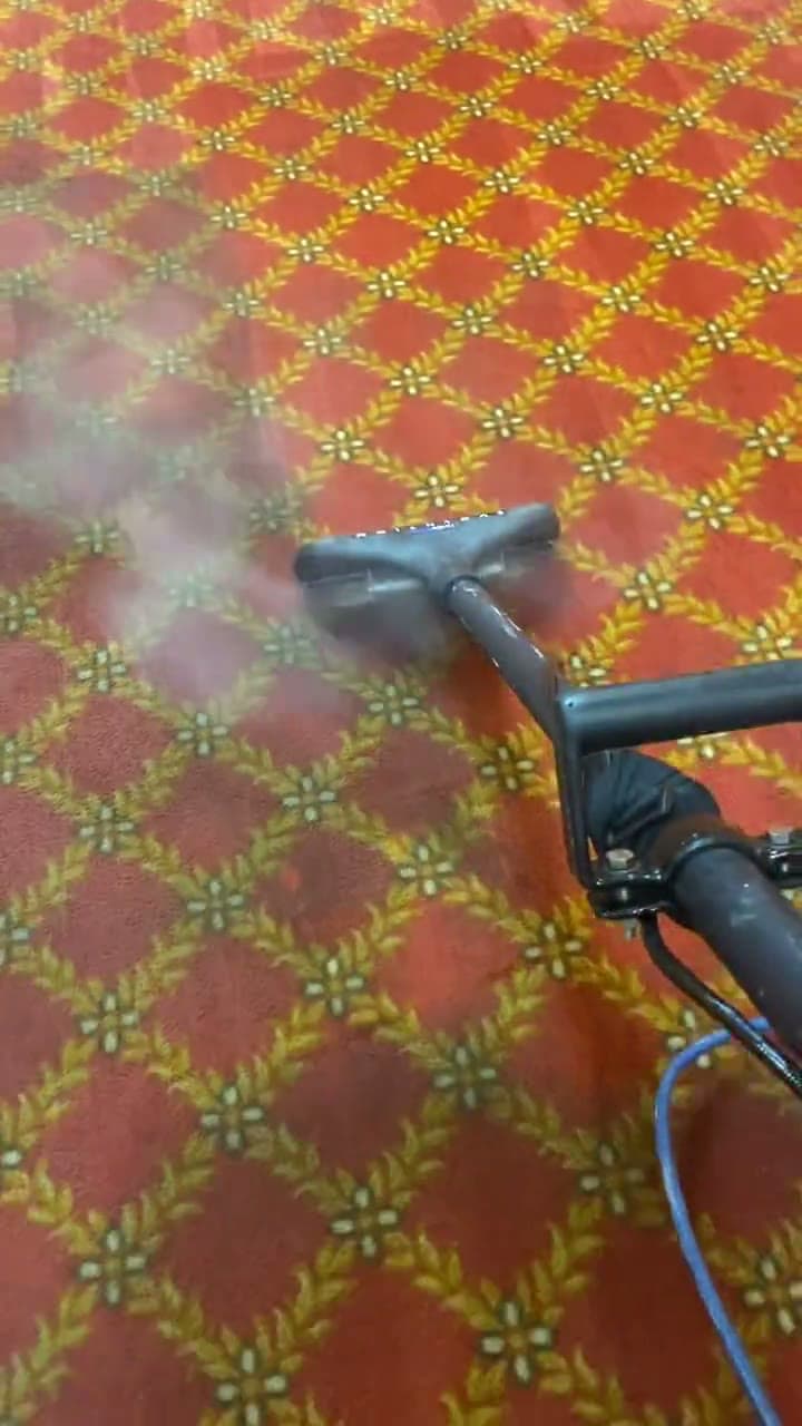 Extraction wand on red and gold patterned carpet with vapor visible