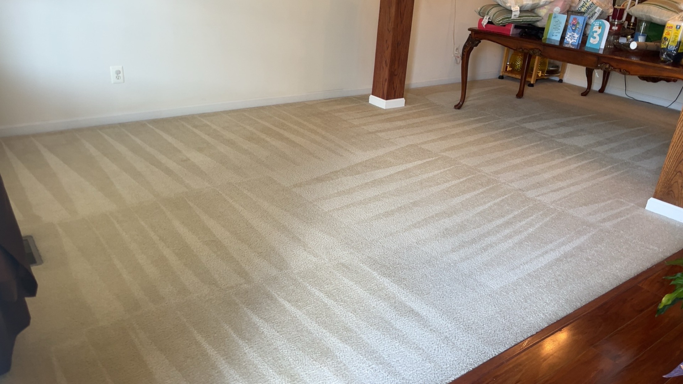 Eco-Dry technician steam cleaning wall to wall carpet in a Baltimore area home